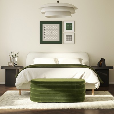 Vynxaria Velvet Fuji 49" Upholstered Oval Storage Bench Olive Green Performance