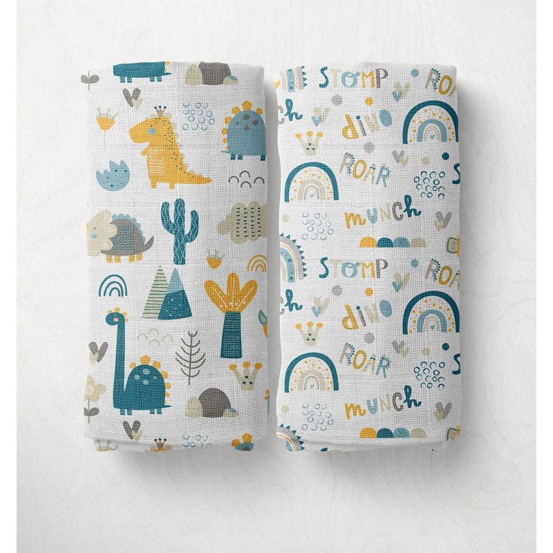 Little Dino Boys Teal/Yellow 2 pack Muslin Swaddling Blankets, 1 of 10