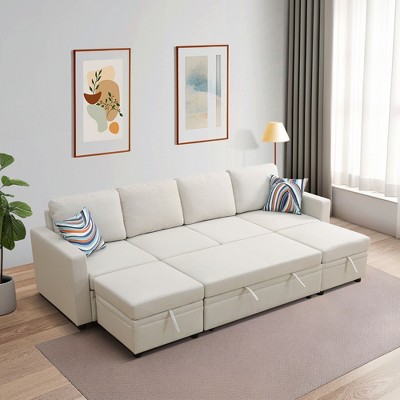 AndMakers 102 in. Off-White Cotton Full Size Sofa Bed with Storage