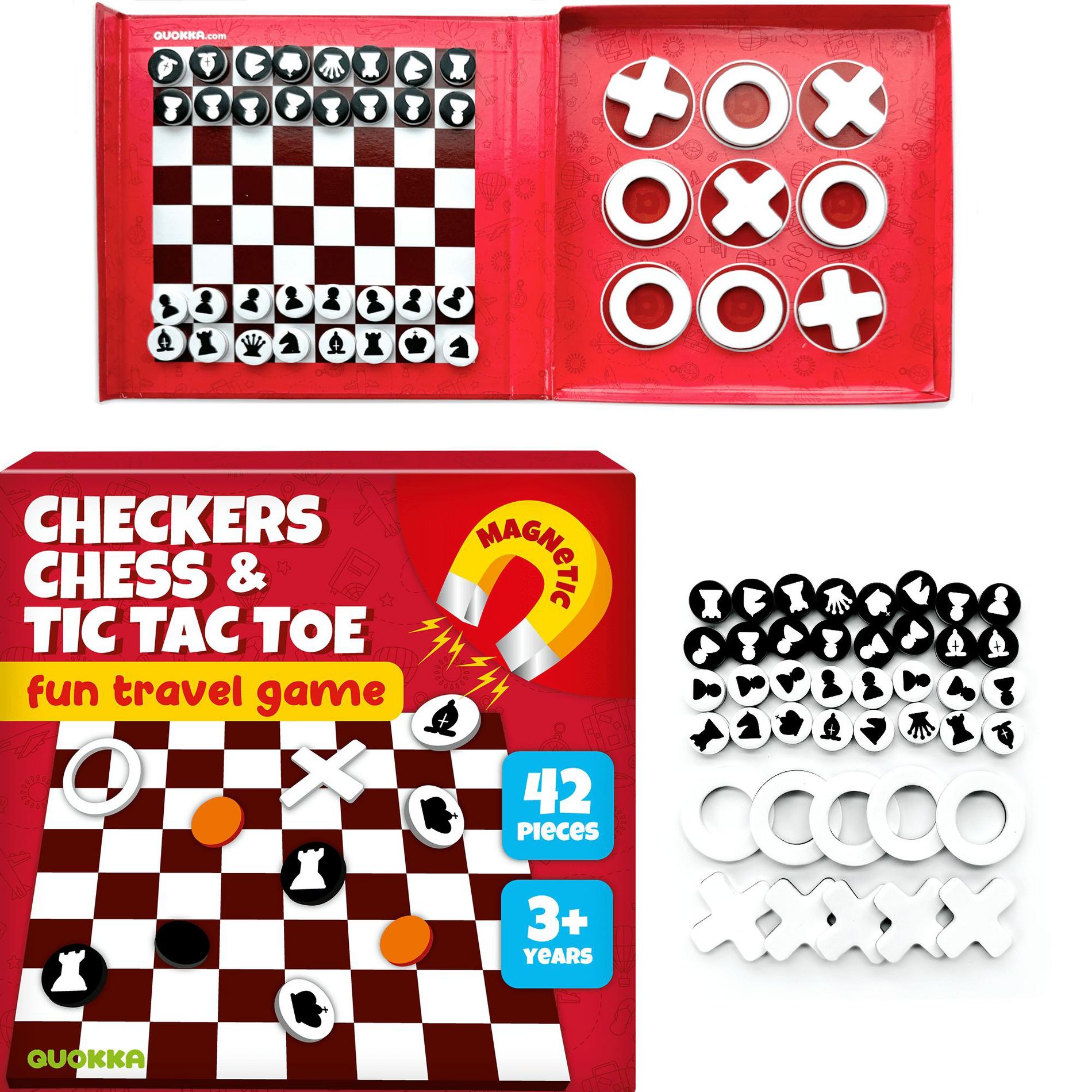 QUOKKA 3 in 1 Chess Checkers Tic-Tac-Toe | Travel Games