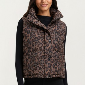 Anna-Kaci Women's Leopard Print Puffer Vest with High Stand Collar and Quilted Soft-Padded Body for Bold Textured Styling - 1 of 4