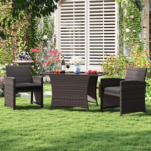 Costway 3 PCS Wicker Bistro Set Balcony Furniture Set with Tempered Glass Dining Table - 1 of 4