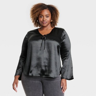 Women's Flared Long Sleeve Satin Blouse - Ava & Viv™ Black 1x : Target