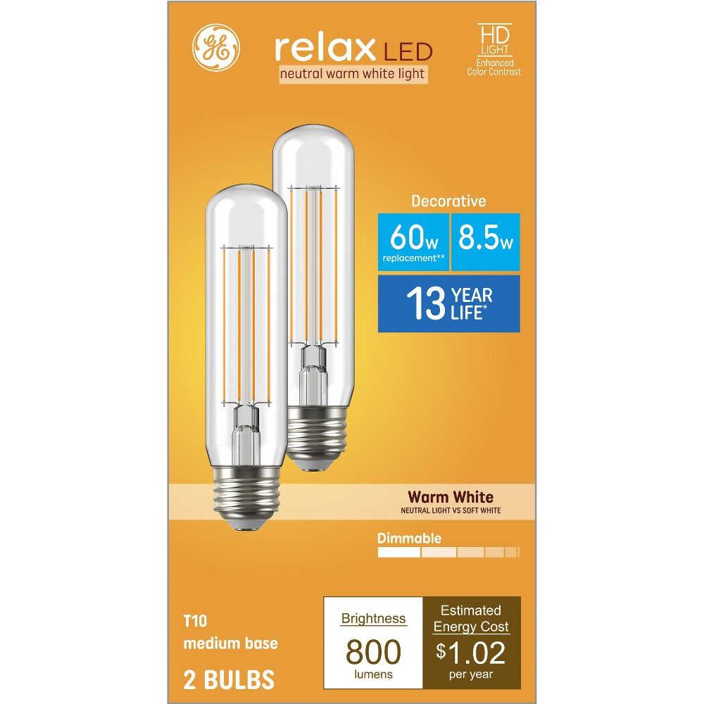 Photos - Light Bulb GE 2pk 60W Relax T10 LED  Warm White