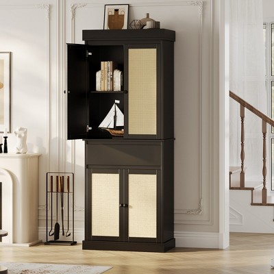 Tall Black MDF Kitchen Pantry Cabinet with Rattan Doors