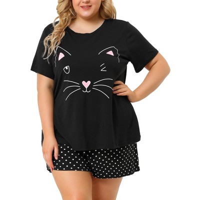 Agnes Orinda Women's Plus Size Comfort Cute Cat Print Short Sleeve Pajama Set