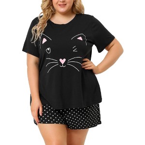 Agnes Orinda Women's Plus Size Comfort Cute Cat Print Short Sleeve Pajama Set - 1 of 4