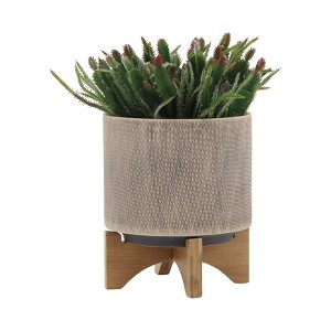 Gulches Modern Ceramic Mesh Planter with Stand, Tan, 5x5x7" & 7.75x7.75x10.5" - 1 of 4