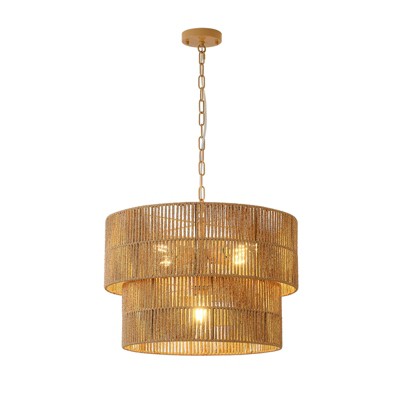 PAKOKULA Boho 5-Light Painted Gold Finish Farmhouse Drum Chandelier with 2-Tier Hand-Woven Rattan Shade