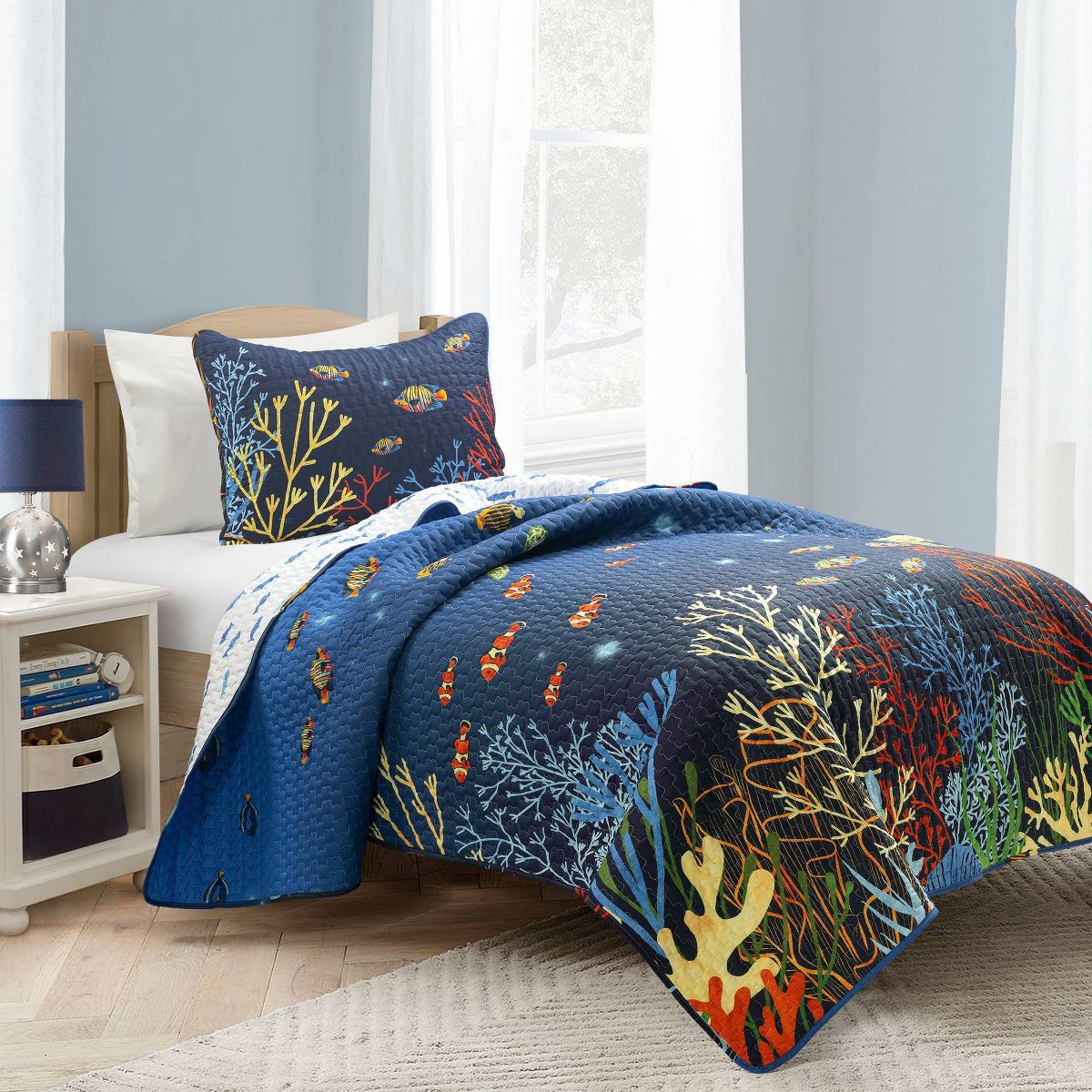 Twin 2pc Set Kids' Under The Sea Quilts Navy - Lush Décor: Kids Bedding Set, Ocean Theme, Reversible, OEKO-TEX Certified