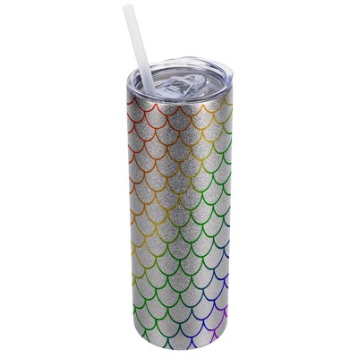 Elanze Designs Silvertone Sparkle 20 Ounce Double Wall Stainless Steel Glitter Travel Tumbler With Sliding Lid And Straw, Rainbow Mermaid Scales