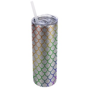 Elanze Designs Silvertone Sparkle 20 Ounce Double Wall Stainless Steel Glitter Travel Tumbler With Sliding Lid And Straw, Rainbow Mermaid Scales - 1 of 4