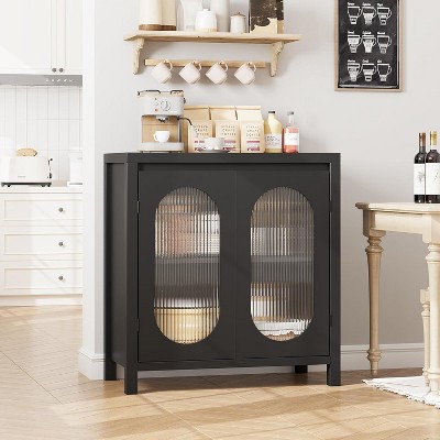 30.1" Coffee Bar Cabinet with Fluted Glass Doors, Farmhouse Kitchen Sideboard Buffet, Black