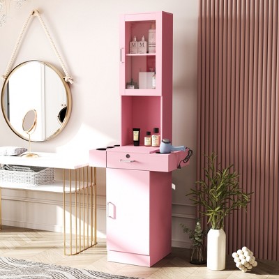 Sevobal Utility Storage Cabinets Stand Barber Station Hair Styling with Glass Door, 3-Tier Shelf, Drawer, Cabinet, Dryer Tool Holders for Salon, Pink,
