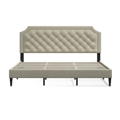 Elegant Beige California King Upholstered Bed with Nailhead Trim
