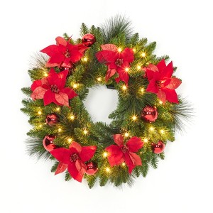 24 Inch Pre-Lit Christmas Wreath with Lights, Timer - Battery Operated - Christmas Decorations Front Door Lighted Wreath for Indoor Wall Window - 1 of 4
