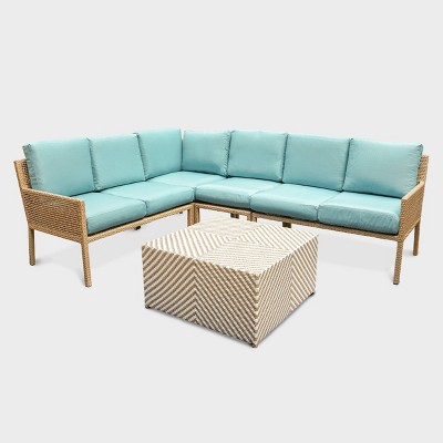 Leisure Made Riviera 5pc Wicker Sectional in Spa Blue Fabric