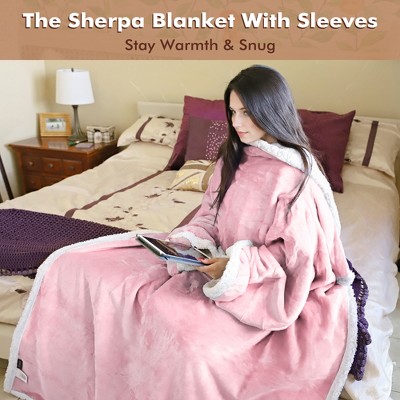 Pink Sherpa Fleece Wearable Blanket with Sleeves and Pocket