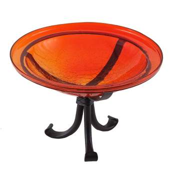 Achla Designs Hand Blown Crackle Glass Garden Birdbath Bowl with Wrought Iron Tripod Stand for Patios, Decks, Backyards, and Entryways, Red
