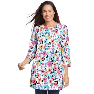 Woman Within Women's Plus Size Perfect Printed Three-Quarter Sleeve Crewneck Tunic - 1 of 4