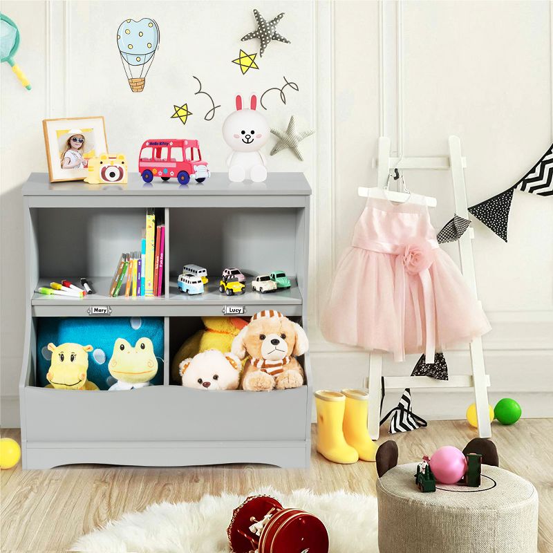 Costway Children's Multi-Functional Bookcase Toy Storage Bin Kids Floor Cabinet GreyWhite, 4 of 13