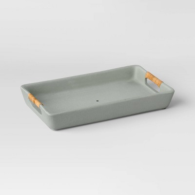Rectangular Earthenware Tray with Cut-Out Skin Rattan Weaving Handle - Heathered Green - Threshold™ designed with Studio McGee
