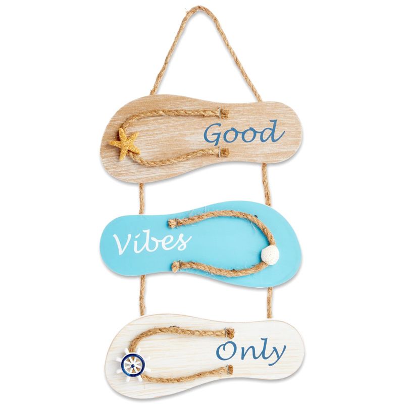 Juvale Wood Flip Flop Slippers Nautical Beach Hanging Wall Sign Home Decor, Good Vibes Only 9"x16", 1 of 9