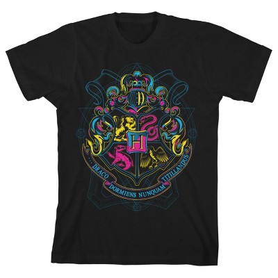 Harry Potter Neon Pink And Yellow Hogwarts Crest Youth Black T-shirt