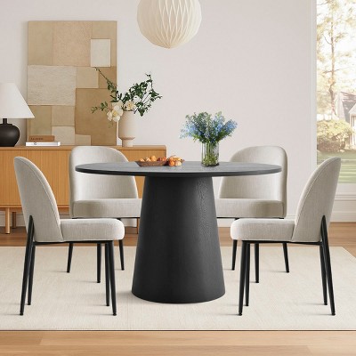 5-Piece Modern Black Dining Table Set, 46" Round Pedestal Table and 4 Upholstered Linen Chairs for Kitchen or Small Spaces-Maison Boucle