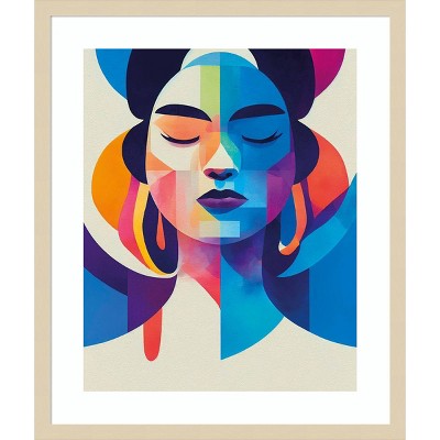 Colorful Portrait Cubism Giclee Print with Natural Wood Frame