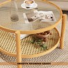 Angel Sar Rattan Coffee Table with Glass Top, 2-Tier Bamboo End Table with PVC Woven Shelf, Round Modern Living Room Table for Home Office, Natural - 4 of 4