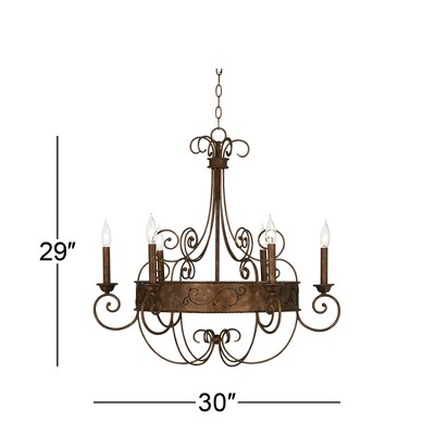 Rustic Bronze Scrollwork Chandelier with Candle Sleeves, 30" Wide