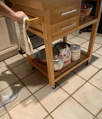 Kitchen Island on Lockable Wheels with 2 Storage Drawers & Bamboo Countertop, Kitchen Trolley Cart with Adjustable Shelves and Towel Bar, L42.5Xw18xh3