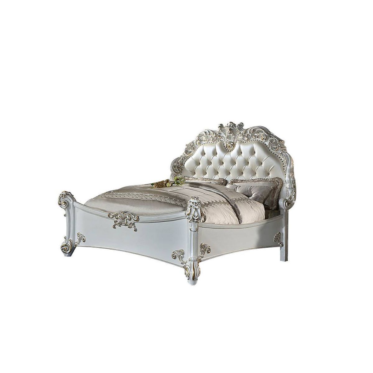 94" Eastern King Bed Vendome Bed Synthetic Leather and Antique Pearl Finish - Acme Furniture: Luxurious Carved Details