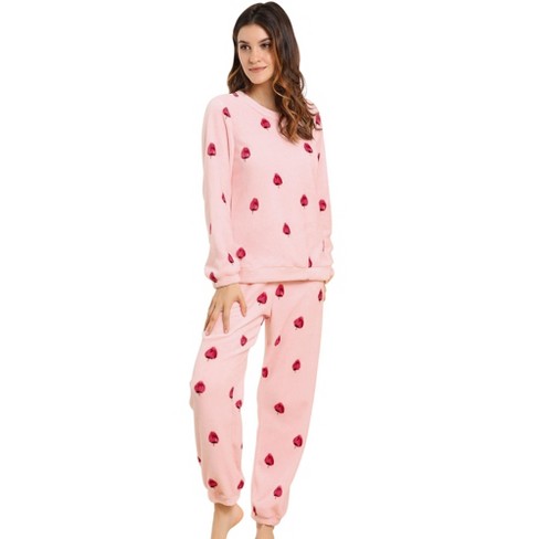 Women Winter Flannel Pajama Sets Cute Printed Long Sleeve Nightwear Top and  Pants Loungewear Soft Sleepwear Strawberry Printed Pink XX Large