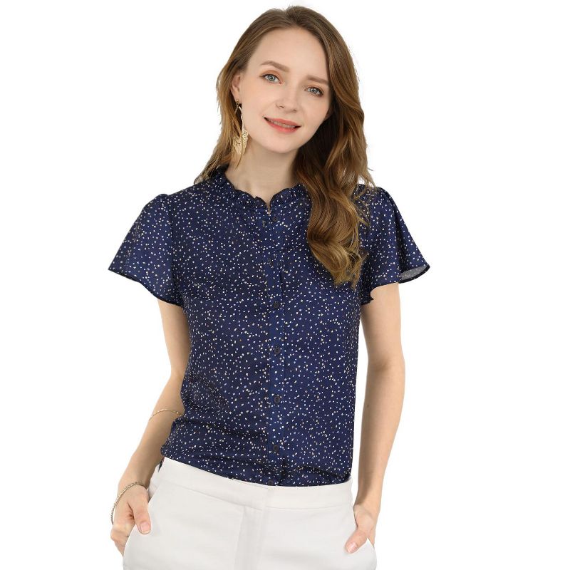Allegra K Women's Dots Print Ruffle Short Sleeve Button Up Shirts, 4 of 8