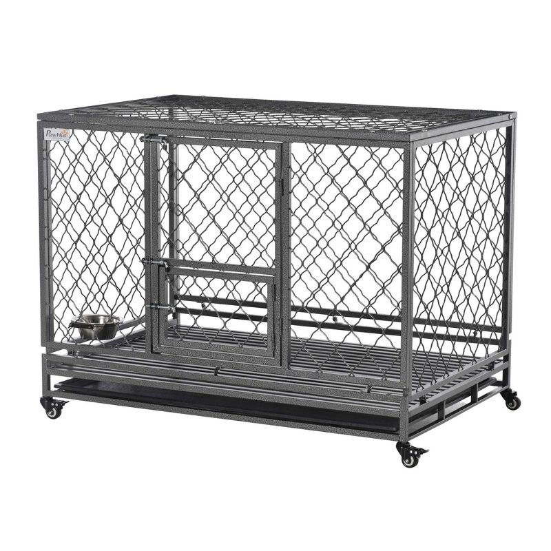 PawHut 50" Heavy Duty Dog Crate Metal Kennel and Cage Dog Playpen with Lockable Wheels, Slide-out Tray, Food Bowl and Double Doors, 5 of 8