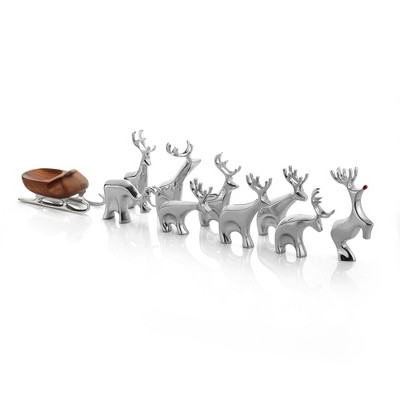 Nambe Holiday Miniature Reindeer Set – 9 Sculpted Alloy Reindeer with Sleigh, Festive Christmas Figurines, Collectible Holiday Décor