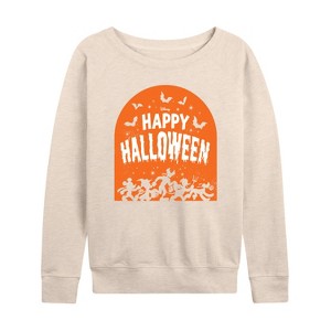 Women's - Disney - Happy Halloween Tombstone Lightweight French Terry Wide Neck Long Sleeve Shirt - 1 of 4