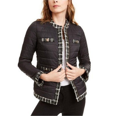 Anne Klein Womens Tweed Trim Puffer Jacket
