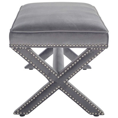 Gray Velvet X-Base Bench with Nailhead Trim