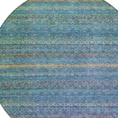 HomeRoots 8' Teal Blue And Copper Round Striped Washable Indoor Outdoor Area Rug