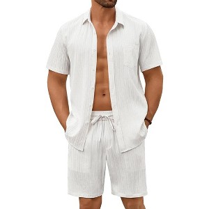 COOFANDY Mens Beach Outfits 2 Piece Sets Casual Short Sleeve Button Down Summer Textured Shirt - 1 of 4