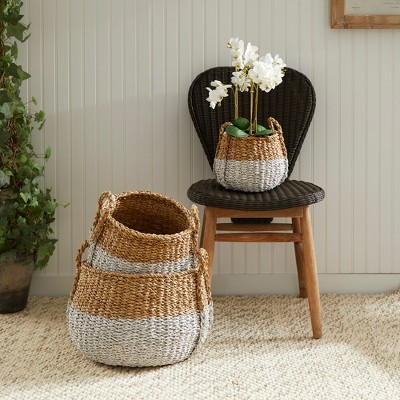 Natural and White Seagrass Round Storage Basket Set