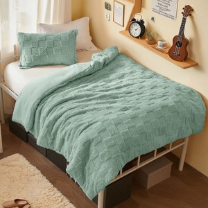 Joyfy Tufted Comforter Set, 3 Pieces Sage Green Boho King Bedding Set with 1 Plaid Geometric Comforter and 2 Pillow Shams, Checkered Bed in a Bag - 1 of 4