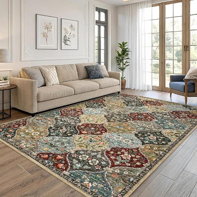Vintage Floral Non-Slip Indoor Rug Stain-Resistant Low Pile Oriental Carpet Foldable Print Floor Mat for Bedroom Dining Room Office