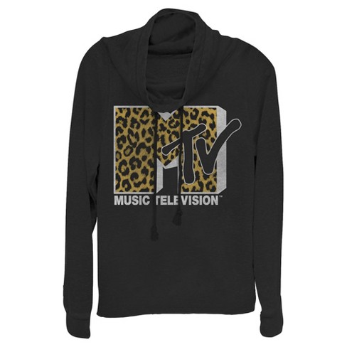 Juniors Womens MTV Cheetah Print Logo Cowl Neck Sweatshirt Black 2X Large