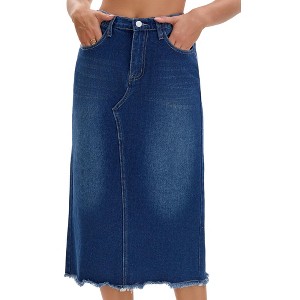 INSPIRE CHIC Women's Denim Elastic Waist Split Back Pockets Raw Hem Sheath Maxi Jean Skirts - 1 of 4