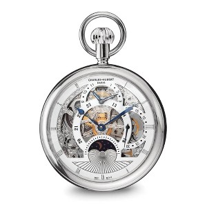 Black Bow Jewelry Charles Hubert Stnlss Steel Open Face Skeleton Dual Time Pocket Watch - 1 of 4