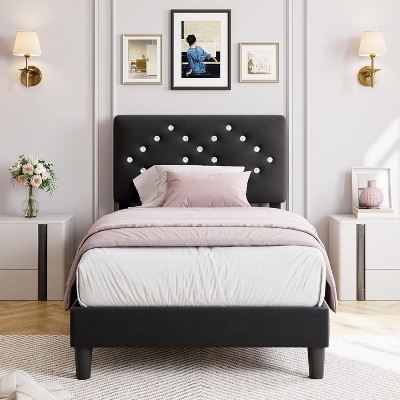 Twin/Full/Queen Size Velvet Upholstered Bed Frame with Tufted Headboard, Wood Slat Support, Noise-Free, Easy Assembly, No Box Spring Needed